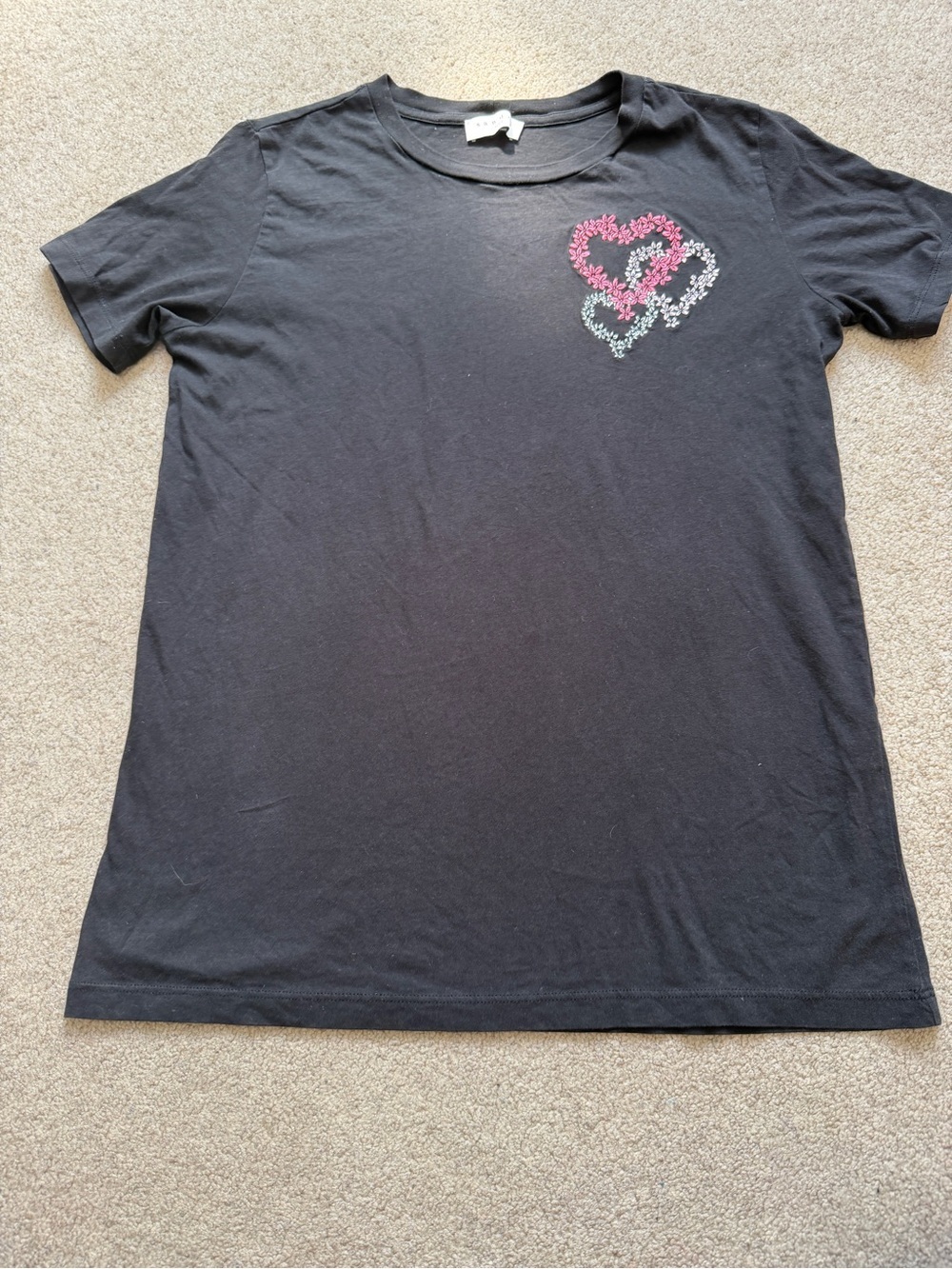 Sandro Paris Black Floral Heart Embroidered Tee Womens S